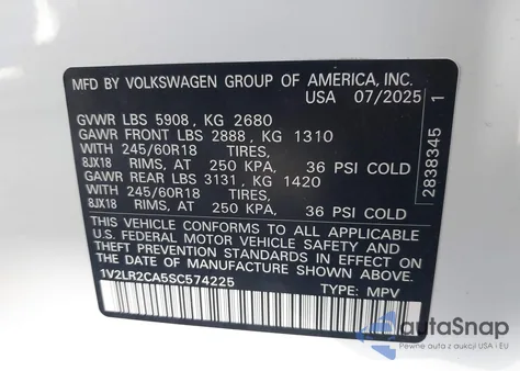 2025 Volkswagen Atlas 2.0T Se z USA, uszkodzony, nr VIN 1V2LR2CA5SC574225